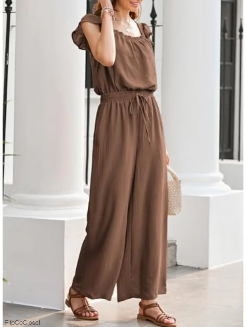 Dokotoo Womens Summer Jumpsuit Square Neck Ruffle Sleeve Wide Leg Romper
